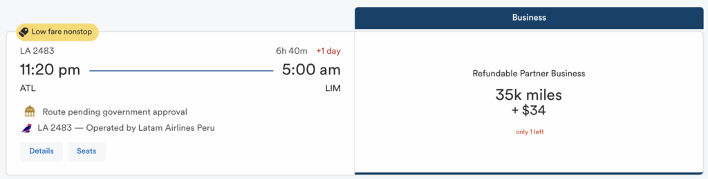 Latam business class to Lima with 35,000 Alaska miles. 